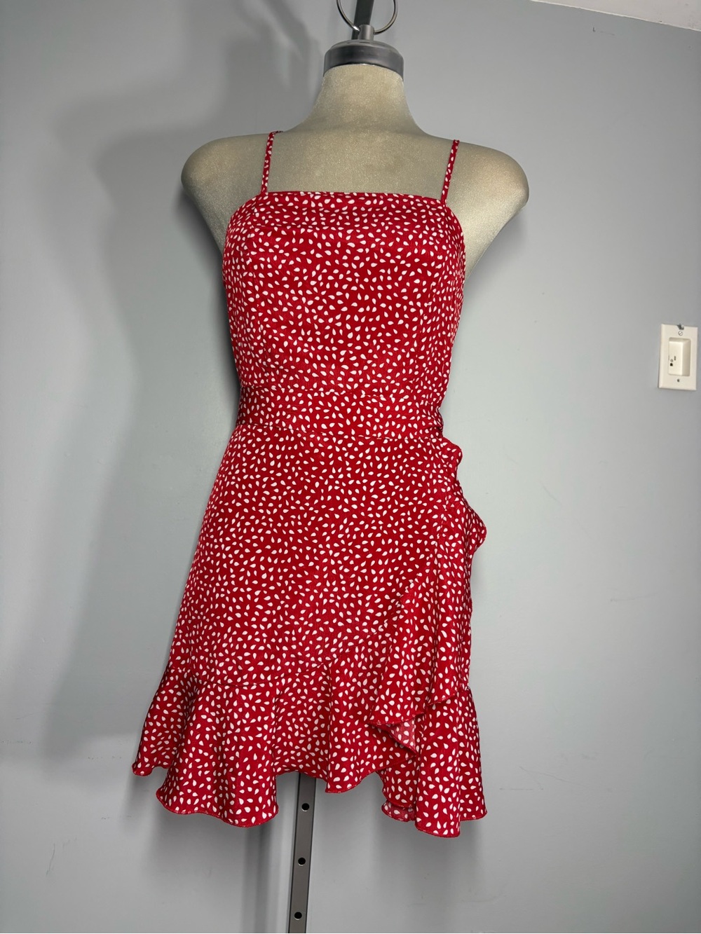 SHEIN Red Mini Dress with White Dot Print and Ruffle Hem